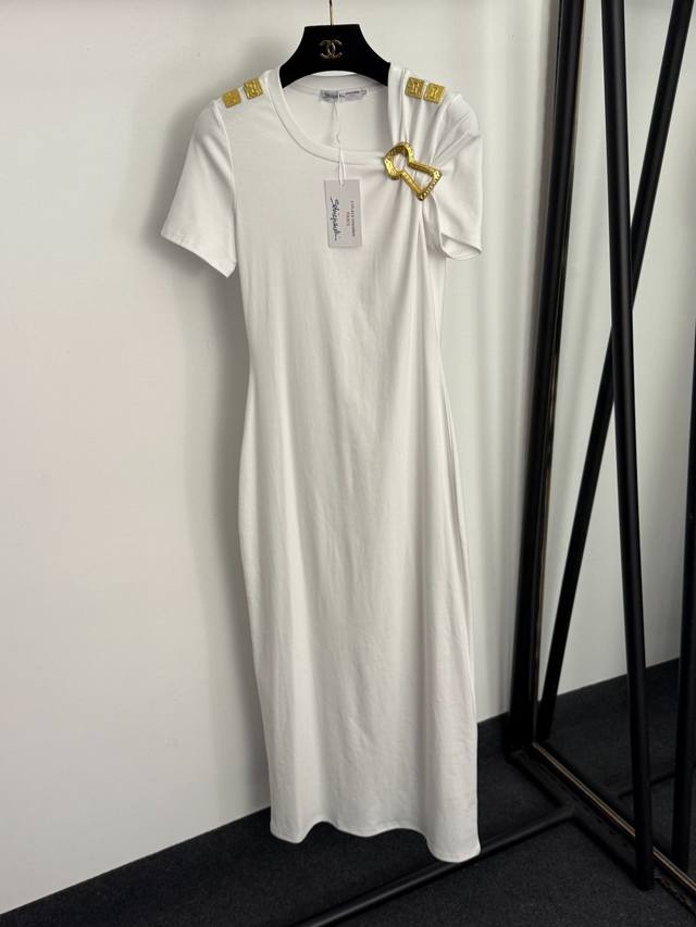 款号20257873 Schiaparelli*新款 金属钥匙孔袖针 肩膀金属扣装饰包臀收腰短袖连衣裙，白色，灰色，黑色，咖色，S-Xl， M码：胸围76，袖长