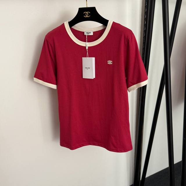 款号20257872 Celin*新款 Logo刺绣拼色圆领短袖T恤，红色，蓝色，Sml， M码：肩宽40，胸围92，袖长22，长63；重量：0.175Kg .