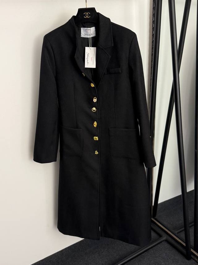 款号20257698 Schiaparelli*新款 高端定制金属异形金色纽扣长袖中长款西装大衣外套，黑色，Sml， M码：肩宽42，胸围112，袖长61，长1