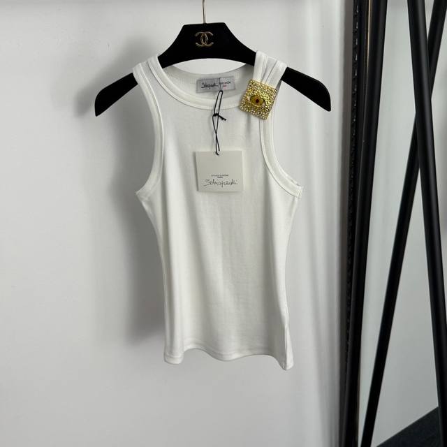 款号20257691 Schiaparelli*新款 珍珠镶嵌金属大眼睛修身纯棉背心，白色，咖色，黑色，Sml， S码：胸围66，长55；重量：0.145Kg