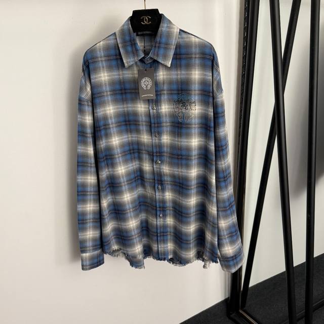 款号20257686 克罗心*新款 胸前后背烫钻十字花格子长袖衬衣，蓝色，Sml， M码：肩宽58，胸围130，袖长60，长75-82；重量：0.375Kg .