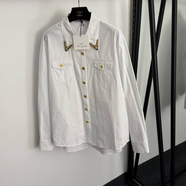 款号20257684 Schiaparelli*新款 金色钥匙孔金纽扣气质百搭长袖纯棉衬衣，白色，Sml， M码：肩宽46，胸围120，袖长64，长72-78；