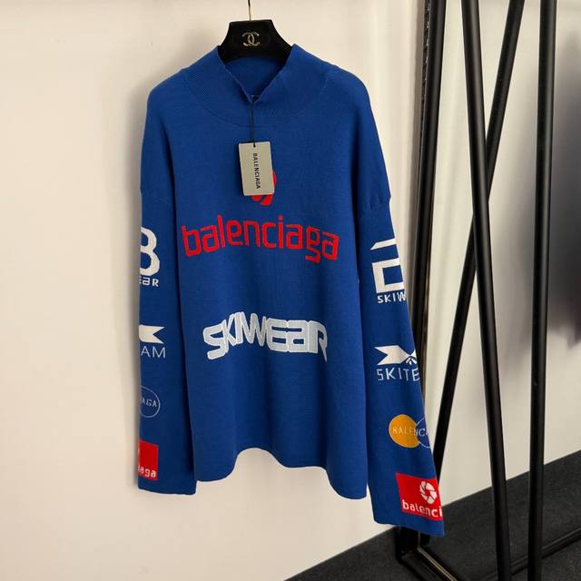 款号20257683 Balenciag*新款 撞色Logo字母徽章印花半高领长袖套头针织衫 毛衣，蓝色，1 2 3， 2码：肩宽58，胸围124，袖长65，长