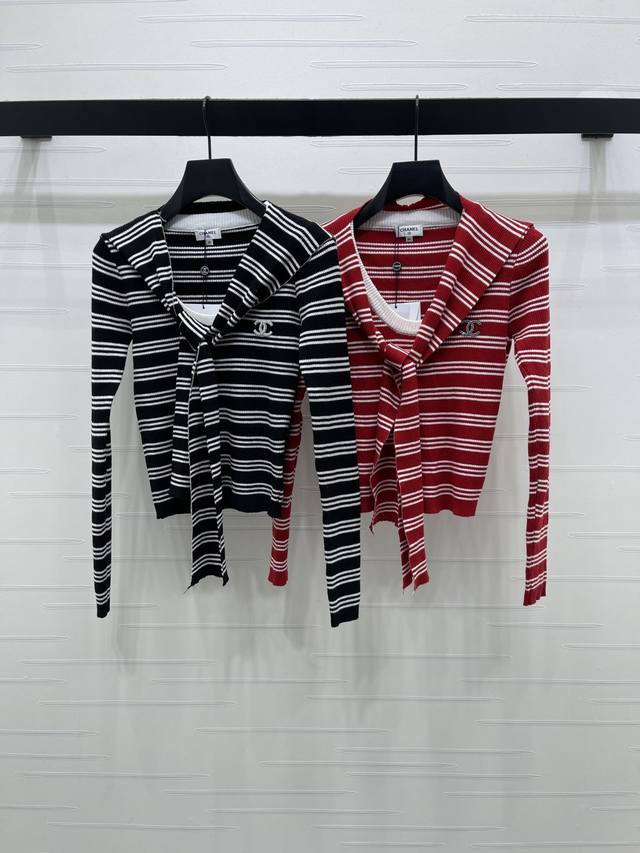 上新原单高端品质 Chane* 2025秋冬最新系列！披肩领条纹针织上衣！定制羊毛纱线织造 密实细针工艺 呈现明显肌理 舒适有型 披肩套头针织上衣剪裁 大身两色