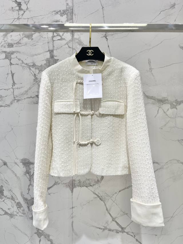 小香国风盘扣粗花呢流苏立领纯色短款 Sml