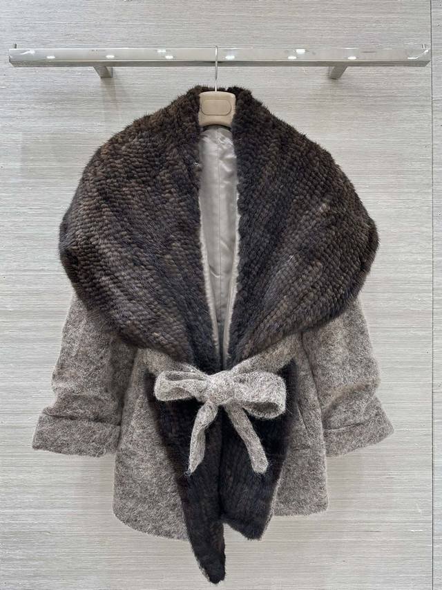 Lp老钱风穿搭 氛围感羊绒水貂大衣 马海毛+羊绒 100%哥本哈根进口咖啡貂原色大披肩水貂编织 无扣慵懒宽松落肩 毛茸茸一整件 软糯温暖 Size：S M L