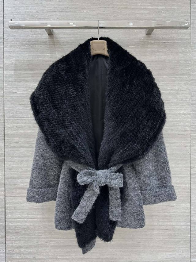 Lp老钱风穿搭 氛围感羊绒水貂大衣 马海毛+羊绒 100%哥本哈根进口咖啡貂原色大披肩水貂编织 无扣慵懒宽松落肩 毛茸茸一整件 软糯温暖 Size：S M L