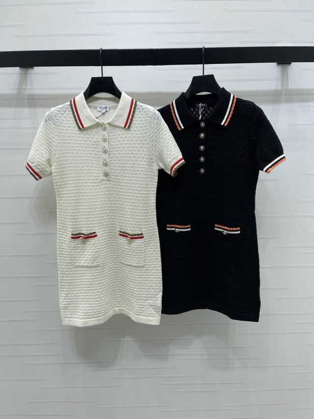 上新原单高端品质 Chane* 2026早春最新系列！撞色翻领针织短袖裙！定制羊绒纱线织造，密度细针织造，软糯质地，舒适亲肤，翻领半开襟针织短袖裙剪裁，大身横向