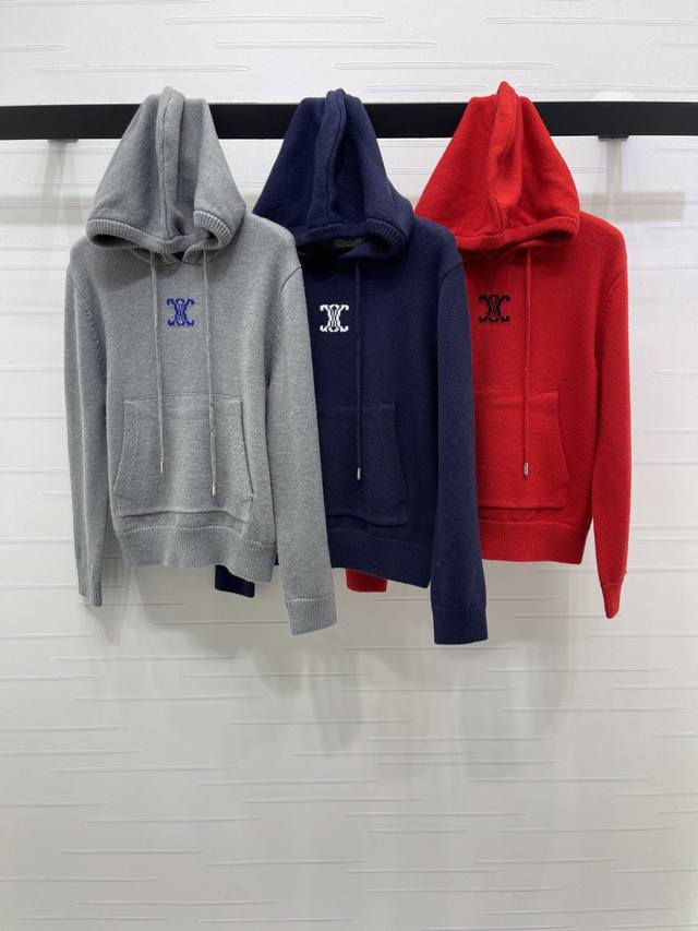 上新原单高端品质 Celin*2025秋冬最新系列！连帽针织长袖毛衣！定制羊毛纱线织造，细腻舒适，穿搭保暖，宽松连帽上衣裁剪，时髦休闲，胸口撞色提花凯旋门Log