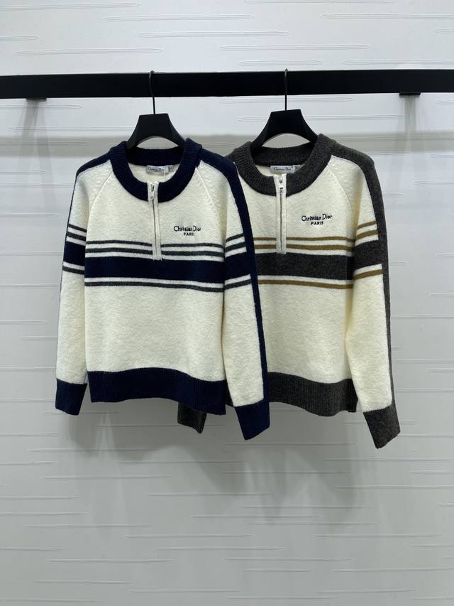 上新原单高端品质 Dio* 2025秋冬最新系列！撞色半拉链针织套头毛衣！定制羊毛纱线织造 质感高级 舒适柔软 圆领长袖毛衣剪裁 密实针织 御寒防风效果更佳 胸