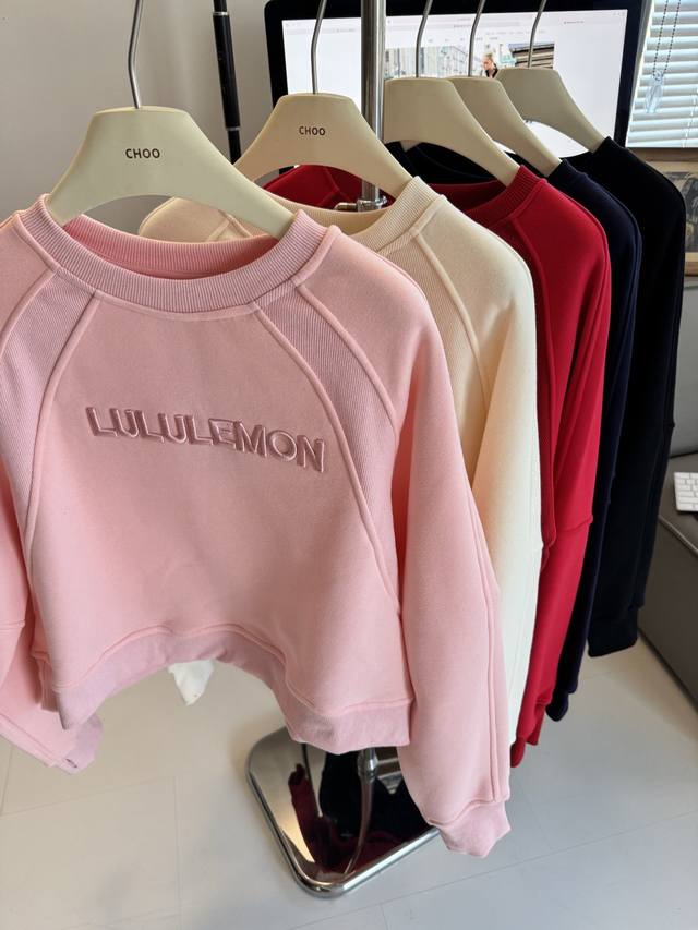 Lululemon Scuba系列 pullover圆领加绒卫衣 5色 樱花粉 象牙白 中国红 海军蓝 黑色 3码 Sml 原单代购版 经典Scuba分割剪裁设