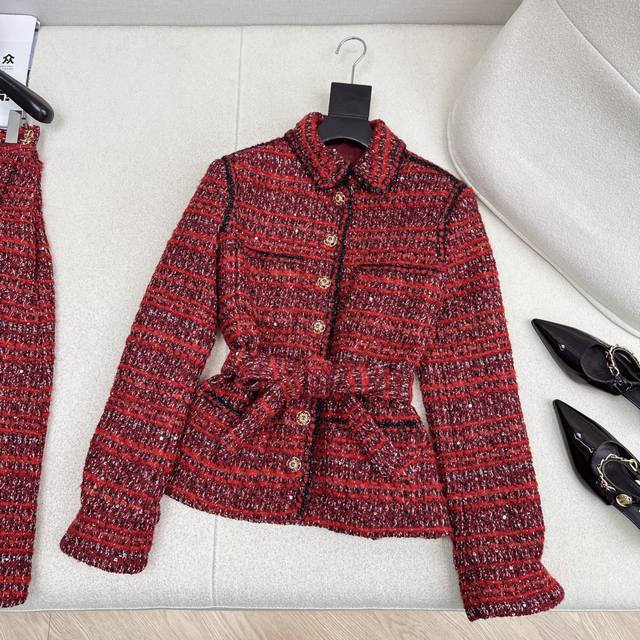 外套 半裙 年会圣诞必备穿搭 C家 25Ss 秋冬最新款贵气范儿精致编织套装 翻领四口袋编织外套+高腰压褶长款半裙 上身就是那种财阀小姐姐调调 韩系贵气 很高级