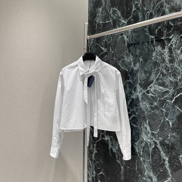 pd 25秋冬新款 短款蝴蝶结衬衫 后背有经典品牌倒三角标识,衬衣真的是衣柜必不可少的单品！宽松版型完全不挑身材 慵懒又随意的感觉真的太好穿了！时髦精们Bi入好