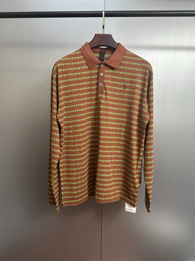 Ch 25 十字条纹polo长袖 色织面料千米起订 成本昂贵，绣花采用进口田岛绣花机，领口皮牌采用进口小羊皮，五金采用真古银，成本极为昂贵 颜色：棕色黄绿色 尺