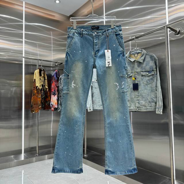 purple Brand 破洞涂鸦工艺街头潮流风格微喇叭弹力牛仔裤 颜色 蓝色 码数 30 32 34 36 38