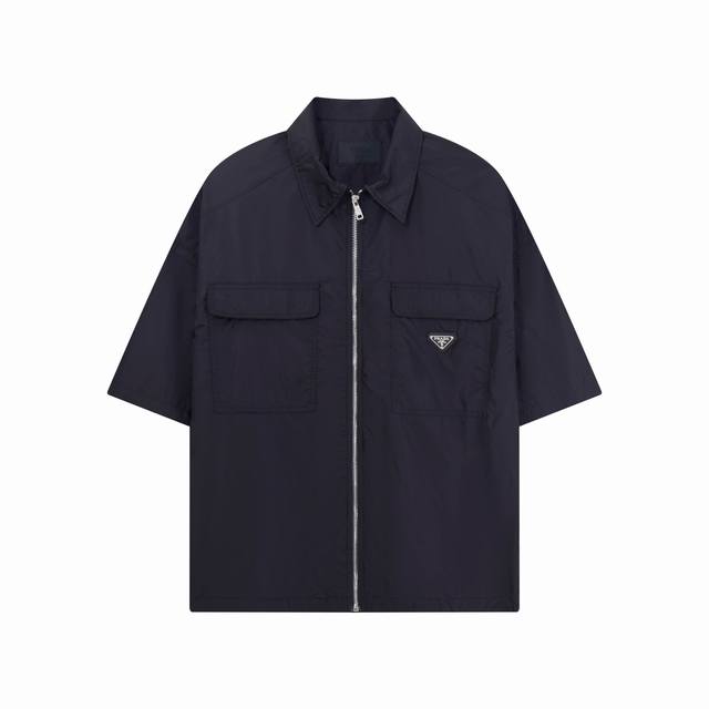 高品上新 套装 prad24Ss尼龙工装口袋三角皮标拉链衬衫小外套 三角标开发电镀黑色十黑色皮牌拉牌搭配十字纹皮牌尼龙面料 触感细腻程度更是超乎想象领口采用半圆