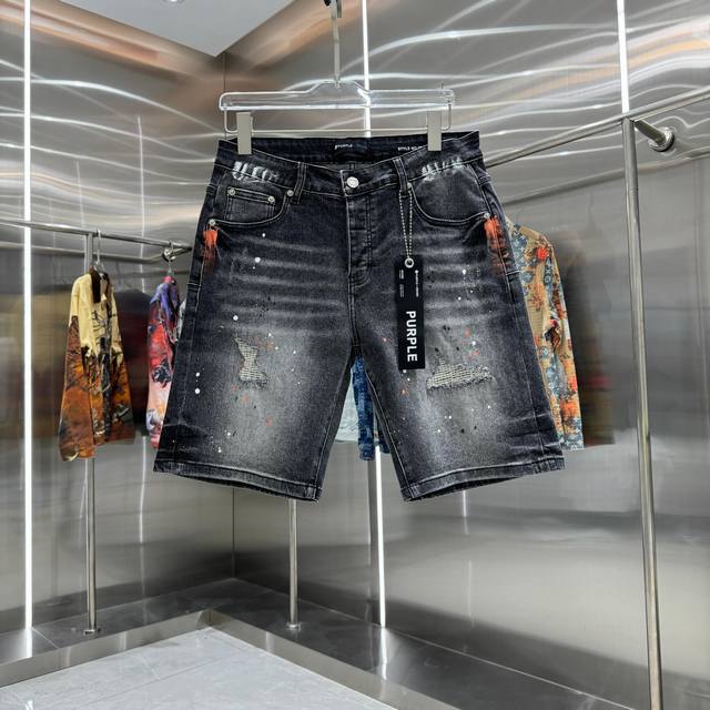 purple Brand 破洞涂鸦工艺街头潮流风格弹力牛仔裤短裤 颜色 黑色 码数 30 32 34 36 38