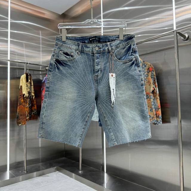 purple Brand 重工烫钻工艺街头潮流风格弹力牛仔裤短裤 颜色 蓝色 码数 30 32 34 36 38