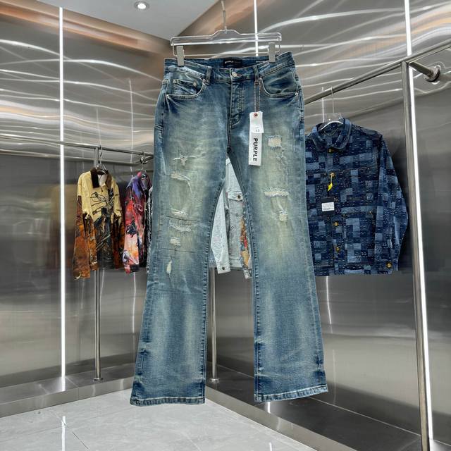 purple Brand 破洞水洗工艺街头潮流风格微喇叭弹力牛仔裤 颜色 蓝色 码数 30 32 34 36 38