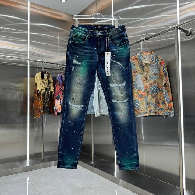 purple Brand 涂鸦破洞水洗工艺街头潮流修身小脚弹力牛仔裤 颜色 深蓝色 码数 30 32 34 36 38