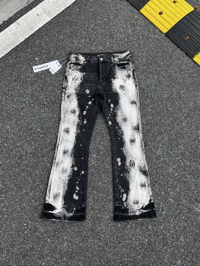 pu7 一旦下掉后面口袋标签不予退换 顶级外贸单purple Brand白漆印花微喇叭牛仔裤牛仔裤男女同款 辅料：辅料齐全，均为原包装，两张吊牌后面口袋两张标签