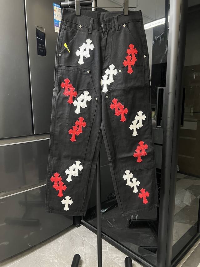 隔天 Chrome Hearts 克罗心 25Fw Ch伐木黑拼白红粉拼皮工装牛仔裤 黑 Size：28 30 32 34 36 S-Xxl对应 详细尺码可查图