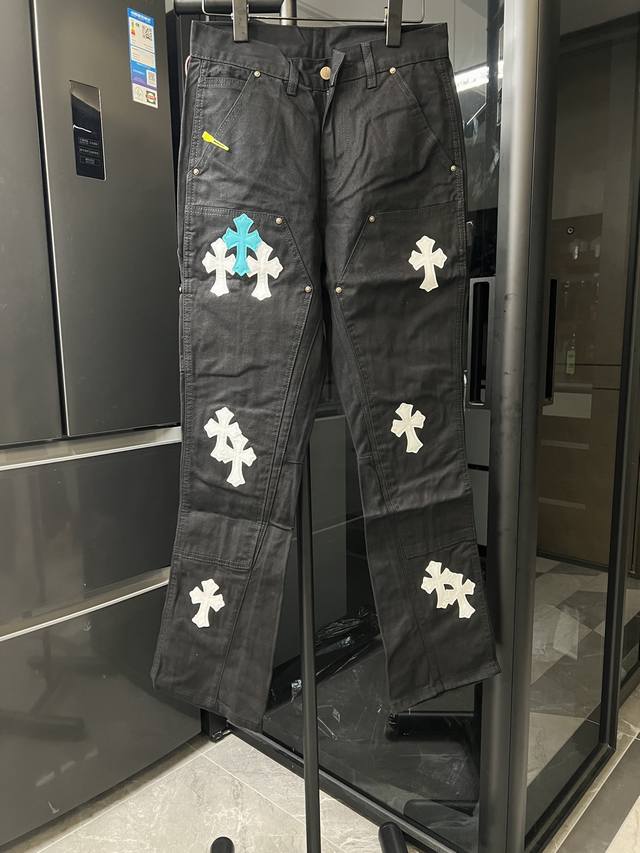 隔天 Chrome Hearts 克罗心 25Fw Ch美式高街工装微喇拼皮联名牛仔裤 黑色 Size：28 30 32 34 36 S-Xxl对应 详细尺码可