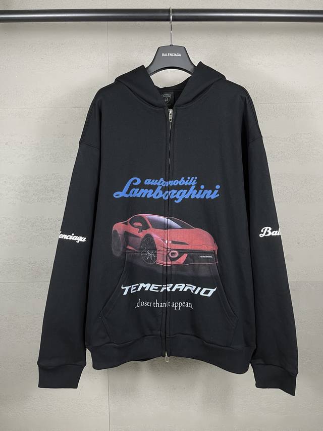 实拍图 顶级版本.官网品质 Balenci*Ga 巴黎联名兰博基尼Lamborghini前后面 左右袖直喷印花拉链开衫卫衣 Ss25最新款。第一时间研发，巨别市