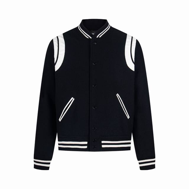 高版本现货齐码Saint Laurent paris 圣罗兰 Slp经典款拼皮黑白棒球领夹克外套，原版1:1开发全网最高版本 耗时2个月订制纯羊毛呢料、提花罗纹