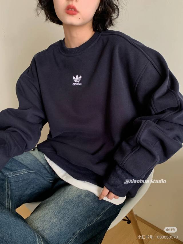 上新 春秋季新款情侣款专柜男女同款女士阿迪套头卫衣万针刺绣Adidas三叶草外套男士刺绣圆领卫衣打底衫外套潮流学院风女神男神青年 海外版！阿迪达斯Adidas经