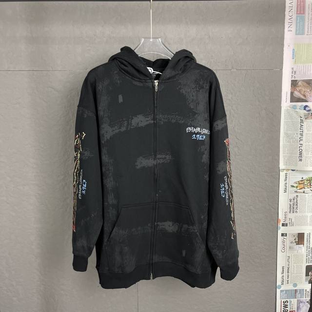 A87 高品质-Balenci*Ga巴黎火焰连帽拉链卫衣 第一时间购入原版打版 前后幅手臂印花采用进口康丽机直喷印花工艺 成衣二次水洗全部由老师傅手工定位磨破