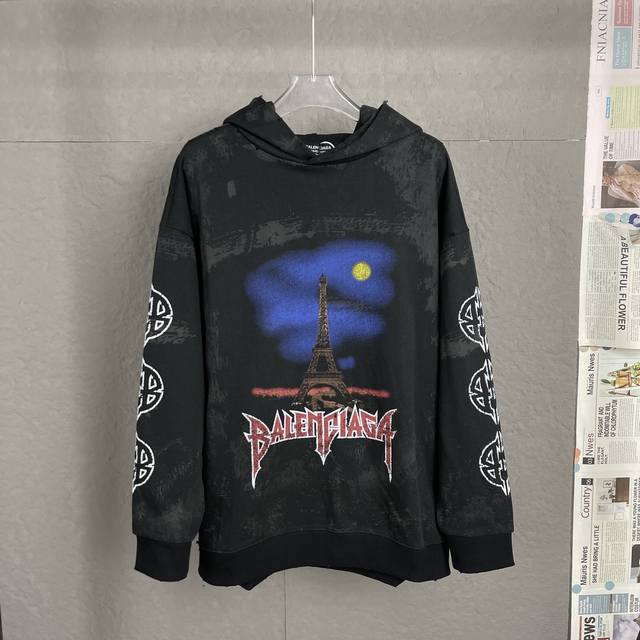 A89 高品质-Balenci*Ga巴黎埃菲尔铁塔连帽卫衣 第一时间购入原版打版 前后幅手臂印花采用进口康丽机直喷印花工艺 成衣二次水洗全部由老师傅手工定位磨破