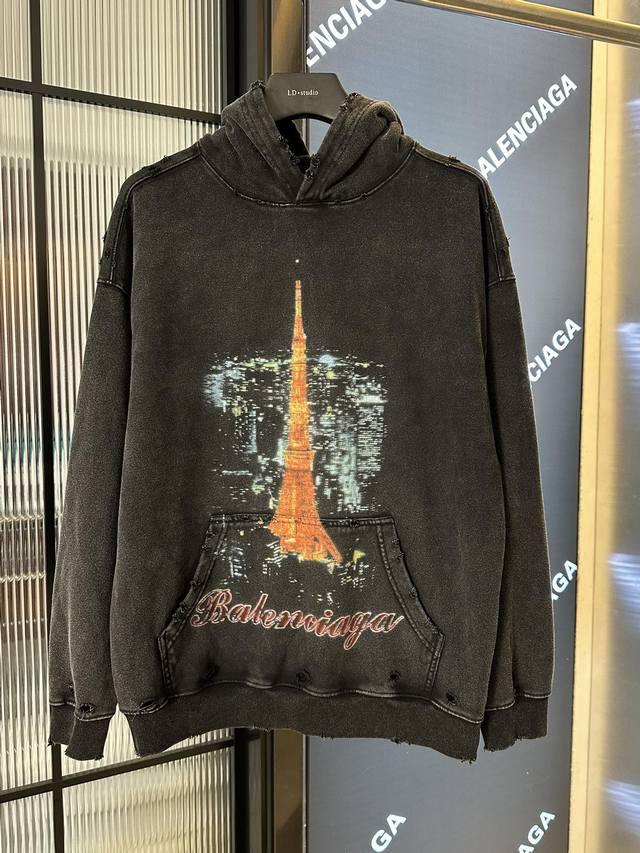 巴黎世字母2025Fw日本东京铁塔限定款前后片直喷印花磨烂水洗做旧连帽卫衣 本市场No.1的质量 真正天花板品质 全部原版开发注意细节图 避免被盗图商家混发 正