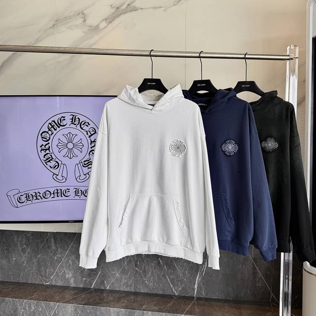 天花板级 克罗心2025十字架贴布刺绣夏季新款原单专柜美式酸洗做旧激光烧花贴布绣情侣休闲带帽卫衣 最高版本！定制面料440克牛肚毛圈面料！美式酸洗做旧原身布激光