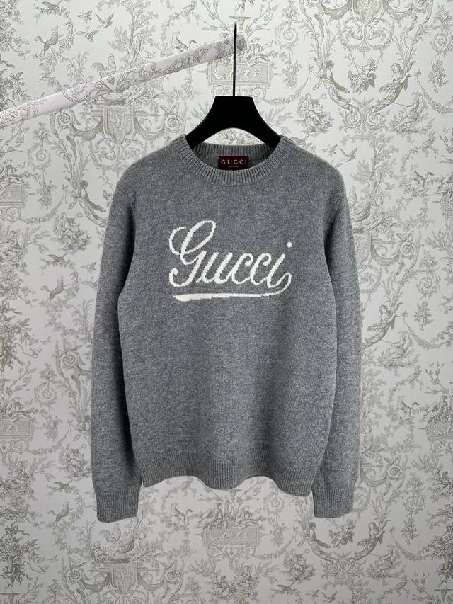 G家 25Ss新款Gucci Logo字母嵌花圆领套头长袖毛衣 男女同款 灰色 码数：S.M.L.Xl.