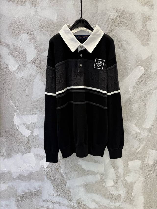 LVfw25Springcapsule提花长袖马球衫针织撞色polo衫 13400购入，40支精梳棉棉纱，斜纹梭织棉布，采用德国进口 Soto 14针织机、进口