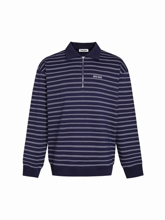 原单品质 Miu Miu 缪缪 25Ss 蓝白条纹polo卫衣 颜色：单色 Size: 采用50支 400克双股精纺棉纱，纱线细密强韧，确保面料轻薄柔滑且不易变
