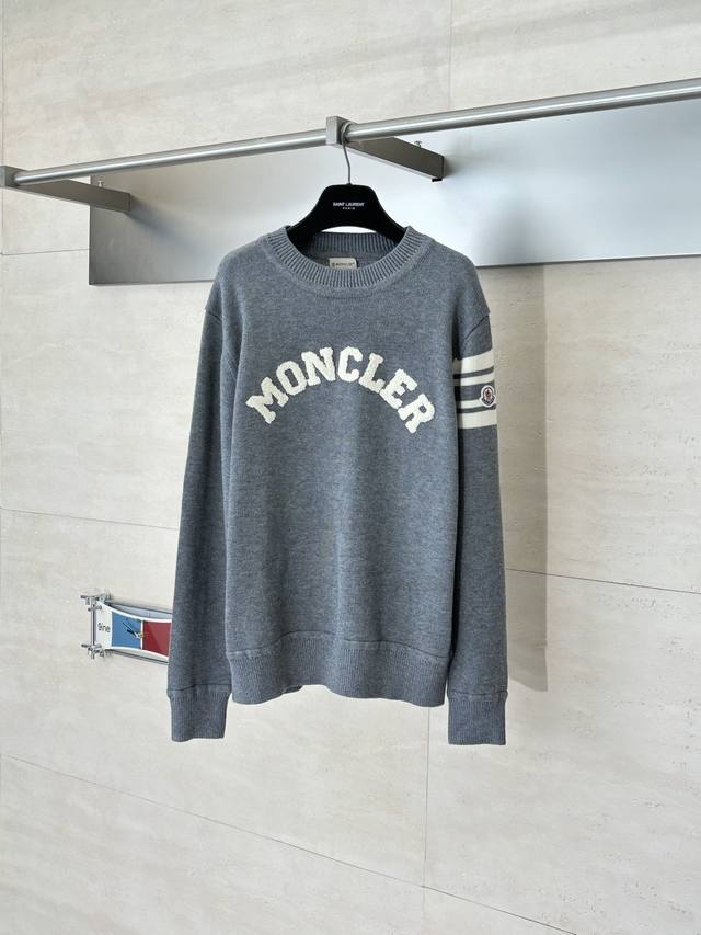 Moncle* 蒙口 毛巾绣字母徽标羊毛混纺针织圆领套头毛衣 Size：S M L Xl
