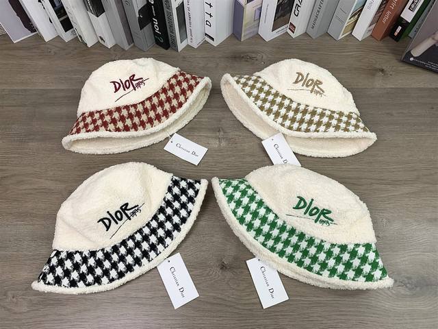 9935##Dior渔夫帽休闲百搭盆帽男女同款情侣帽子显脸小3 均码 颜色：卡其色 红色 绿色 黑色