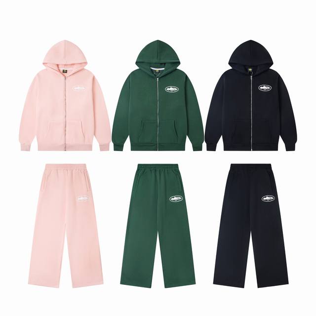 C608# 上衣 Corteiz 欧美潮牌恶魔岛嘻哈说唱新款经典图标发泡工艺宽松拉链卫衣卫裤套装 黑色 绿色 粉色 S-Xl