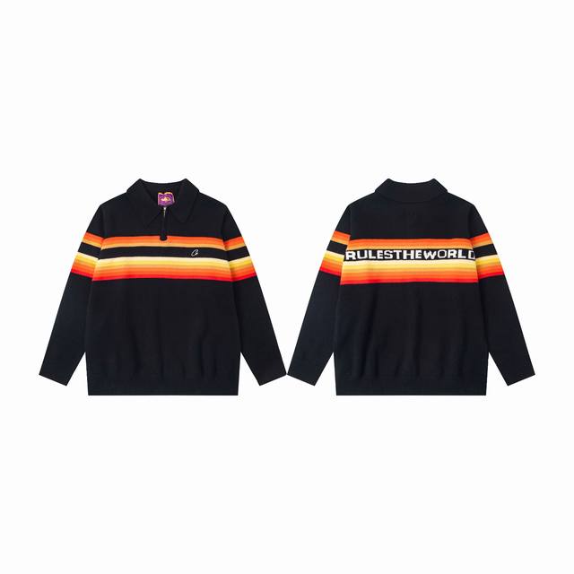 C311# Corteiz恶魔岛Logo字母条纹翻领宽松针织秋冬休闲毛衣 S-Xl