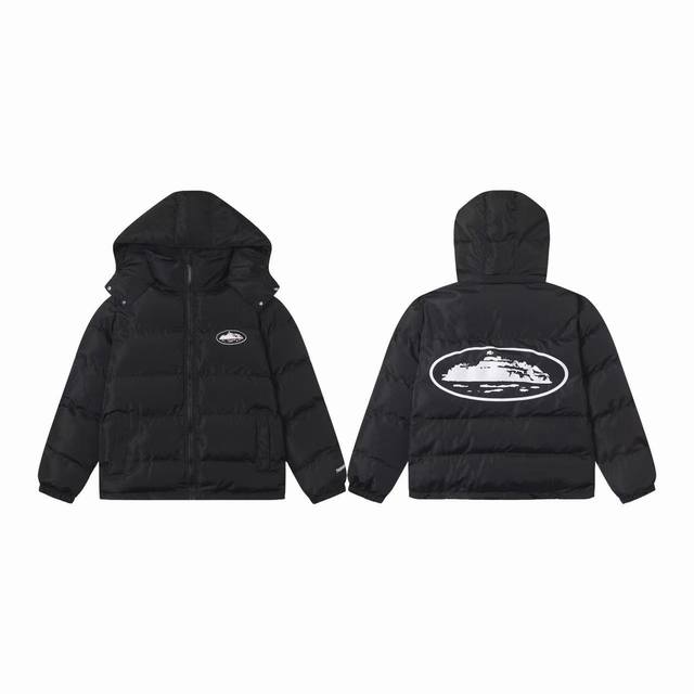 C310# Corteiz美式恶魔岛新款连帽印花羽绒棉服外套 黑色 S-Xl