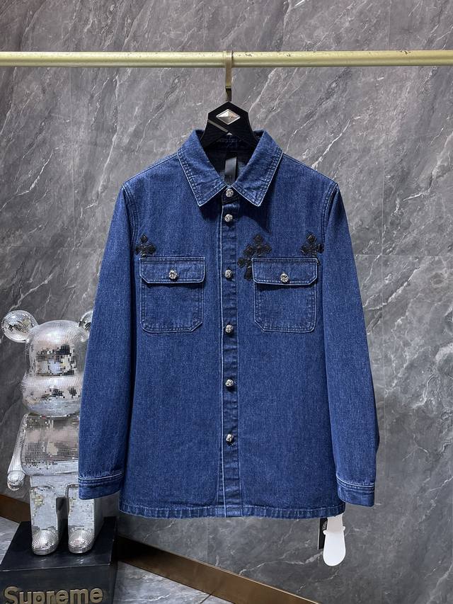 8126＃ Chrome Hearts定制版春季衬衫系列 克罗十字架绣皮蓝色水洗牛仔衬衫 独家定织定染100%纯棉高克重牛仔布料 高工水洗！重度酵素石磨漂洗！