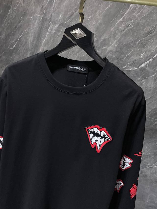 8682# 上新 Chrome Hearts长T系列 专柜同步发售面料全面升级！！ 克罗Mattyboy红唇十字针刺绣拼皮长袖T 复刻版本1比1高克重原版面料