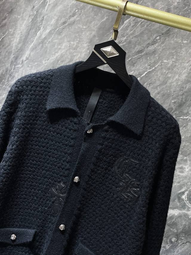 8859＃ 上新 Chrome Hearts 毛衣系列 克罗华夫格纹拼皮开衫毛衣 精选优质羊羔毛高克重面料 定制版克罗心五金纽扣皮标刺绣 非市面普通版本！！时尚
