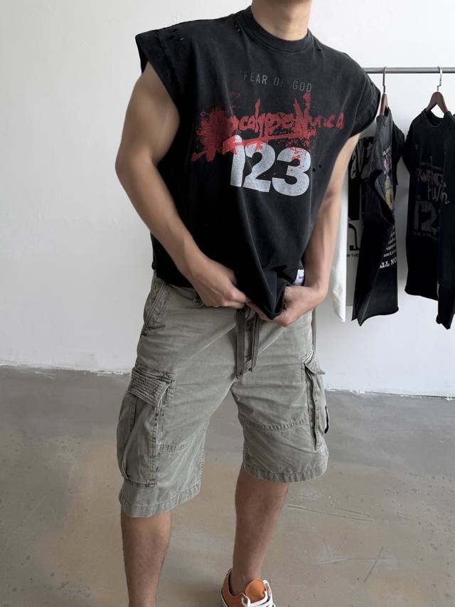 Crv-07款 Rrr123 X “Fog启示录”限定 Sleeve-Cut T-Shirt剪袖T恤 短宽挺阔 层次感十足 重磅洗水做旧 定制磨毛Vintage