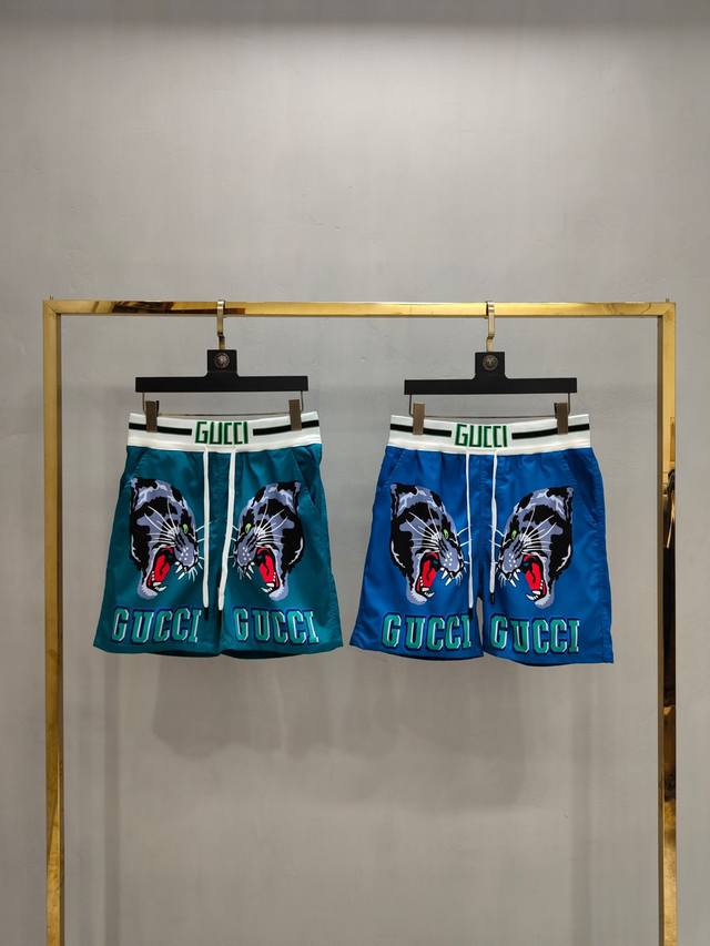 Gucc* 20春夏新款 豹子头字母Logo印花 休息休闲短裤 细节 蓝色 青色 码数：M-3Xl码现货