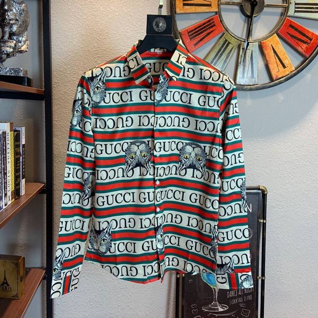 店主推荐！专柜品质！ 古驰 2670官网最新款男士长袖衬衫 高端丝光棉 顶级双丝光衬衫全球顶级男装完美复刻简约时尚从容百搭大气优雅极度舒适体验极品丝光棉所有衬衫