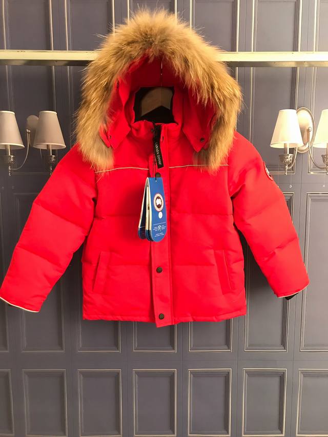 p价: 放店170 支持淘宝 微商 实体 款式：鹅牌儿童连帽羽绒服 男女同穿 材料:90达标绒，3层面料，不褪皮，不掉色，不钻绒， 颜色：红色 尺码:110Cm
