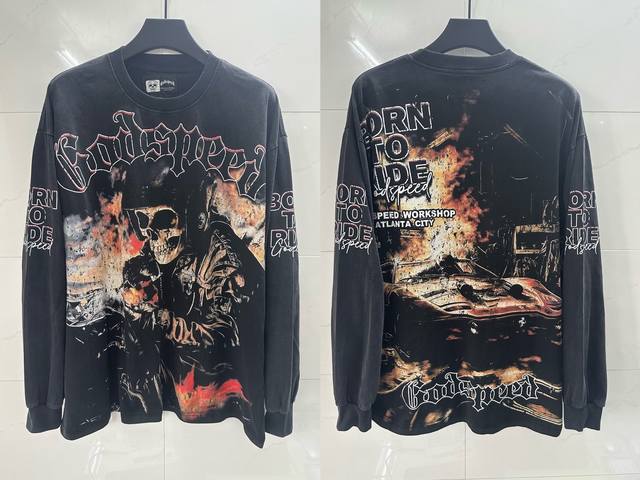 502#洗水黑色 ｜ Godspeed 跨境美式摇滚街头洗水复古风 短袖T 工艺印花 面料 Fabric ：26支精梳双纱300克重 码数 Size ：S-M-